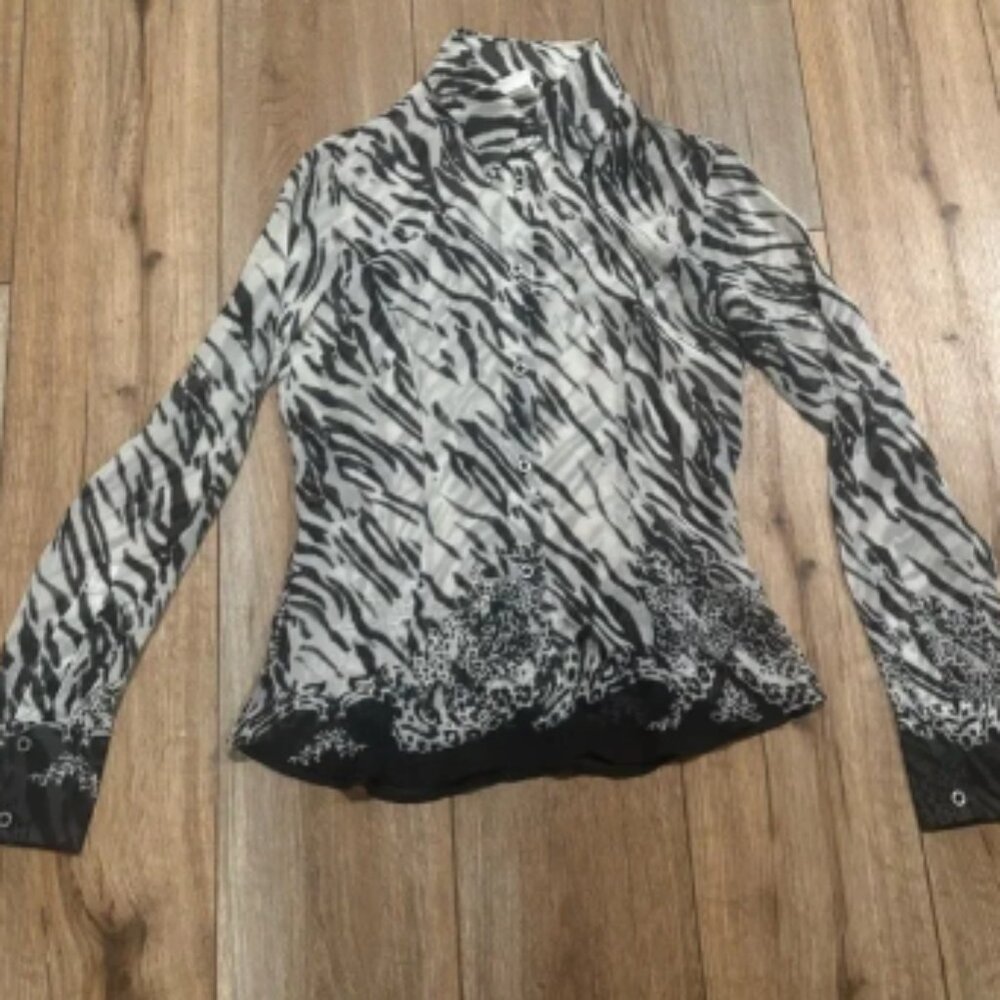 Versace Jeans Couture Zebra & Cheetah Print Button Up Sheer Long Sleeve Shirt